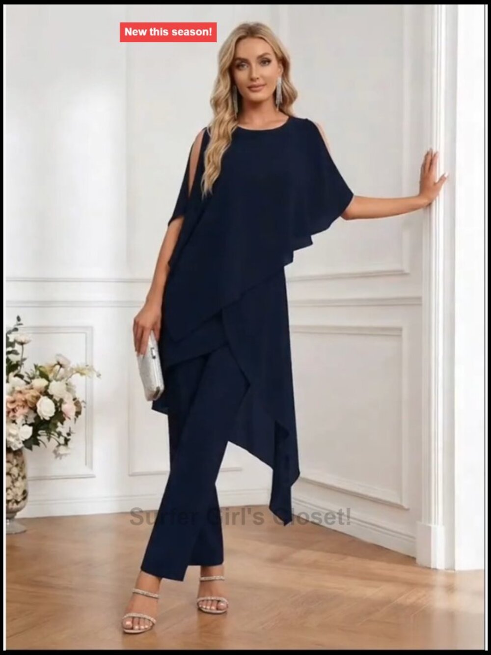 2 Piece Chiffon Dressy Pants Suit Set Mother of Bride Wedding Guest Outfits - Picture 7 of 7